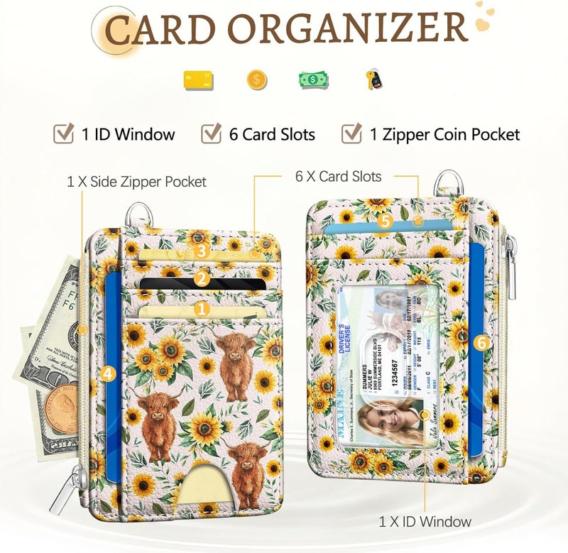 Kelvoris Highland Cow Slim Wallet Women Credit Card Holder, Sunflower Small RFID Blocking Wallet Woman Wristlet Keychain with Zipper Coin Pocket, Front Pocket Thin Travel Wrist Card Case Ladies Gifts - Image 3